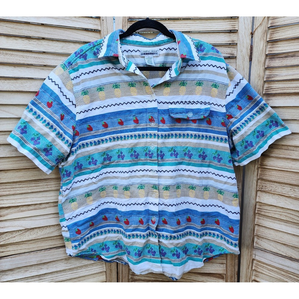 Vintage Cabin Creek Sz 3X 100% Cotton Fruit Print Short Sleeve Button Down Shirt
